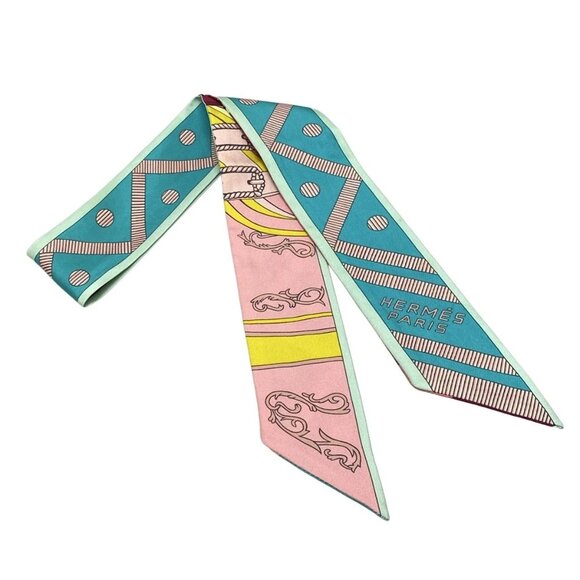 HERMES Twilly - Blue Green Light Pink Multi Scarf 190-072225 - Picture 1 of 5
